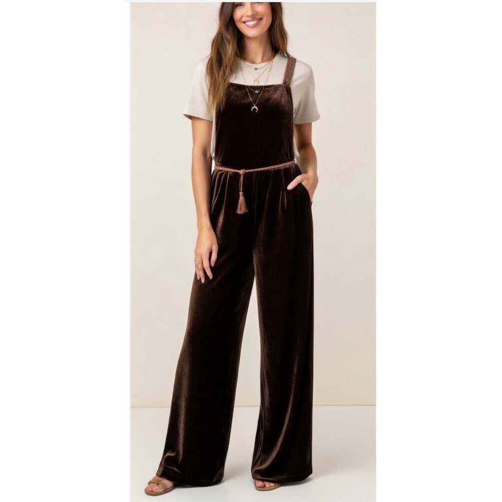 Earthbound Trading Co Brown Velvet Corduroy Wide Leg Overalls Jumpsuit NEW 77